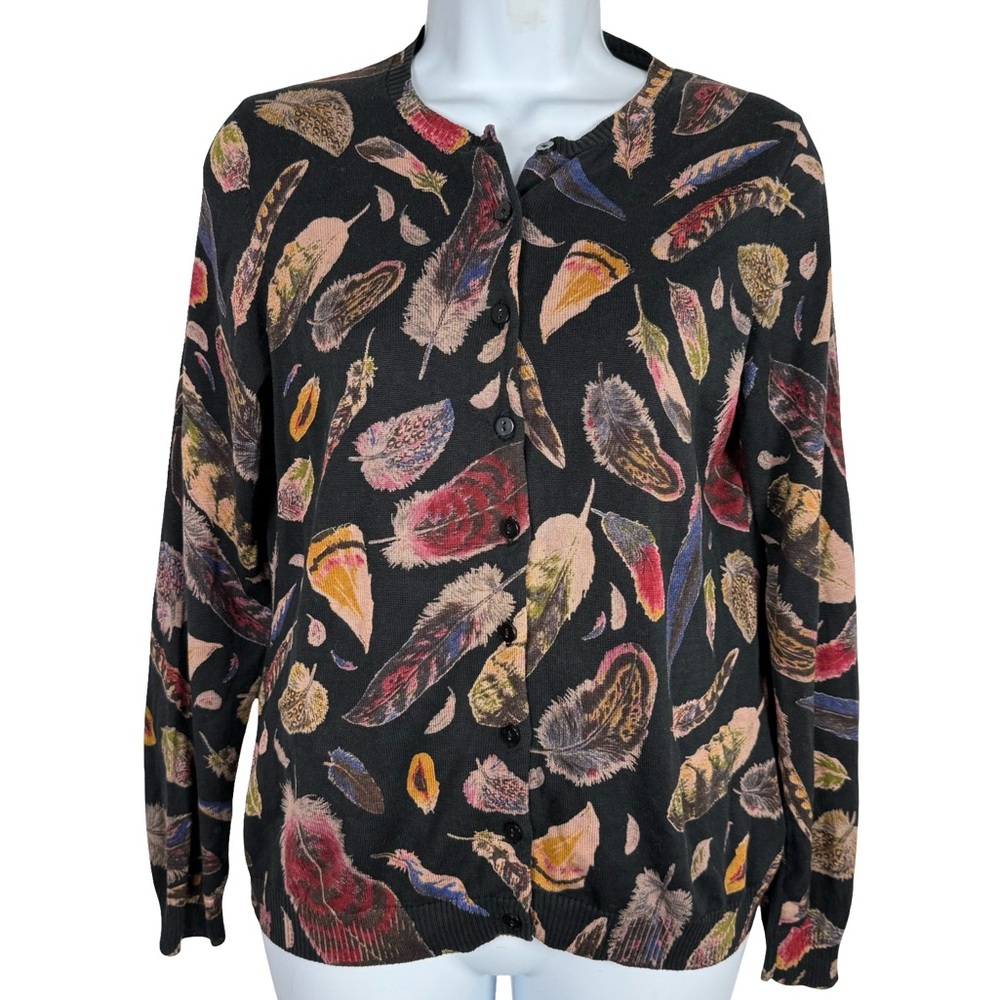 Liz Claiborne Multicolor Feather Print Silk Cardigan - Picture 5 of 11